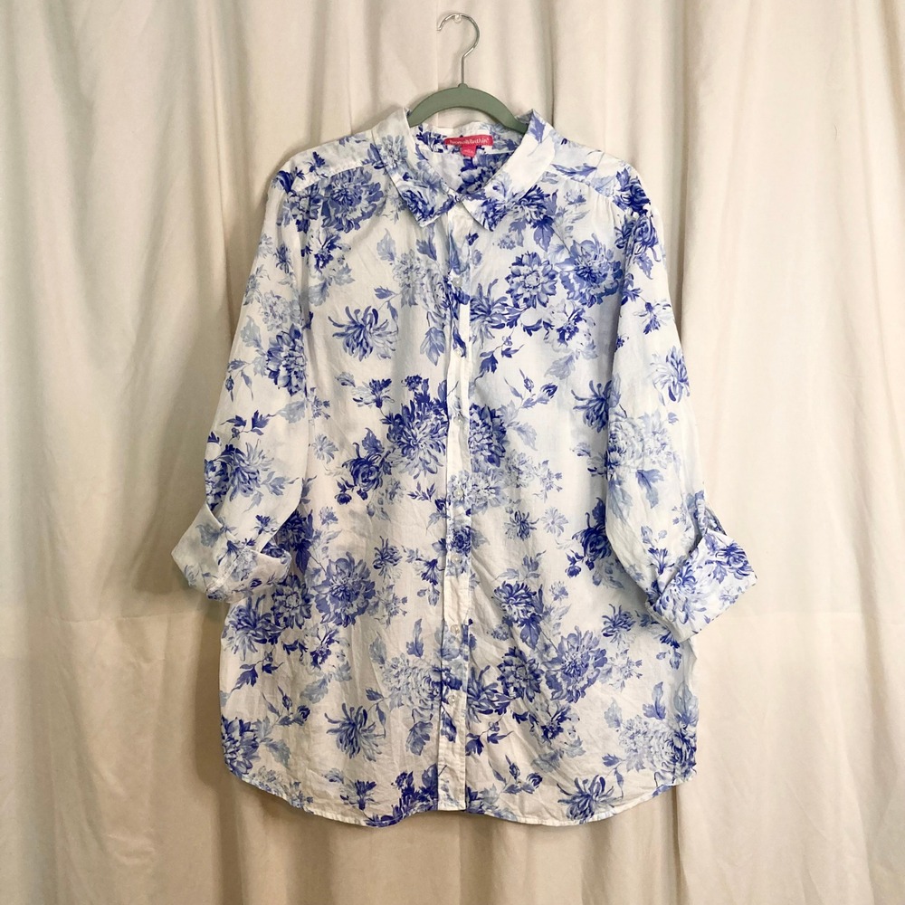 Blue White Floral Toile 100% Cotton Button Down Shirt Woman Within Plus Size 1X
